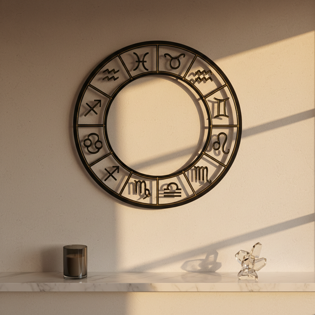 A sleek, contemporary wall-mounted zodiac wheel made of matte black metal with finely cut constellations and subtle gold inlays for each sign, set against a smooth, pale stone wall. At the base sits a narrow marble ledge holding a single dark glass candle and a small, abstract crystal sculpture. Golden hour sunlight enters from the right, grazing the wall and creating elegant, elongated shadows of the zodiac wheel that stretch out of frame. The composition is centered and symmetrical, eye-level perspective, with crisp focus throughout. The mood is serene, luxurious, and mystical, evoking sophisticated astrology as interior art in a modern Portuguese apartment. Photographic realism with a clean, minimal aesthetic.