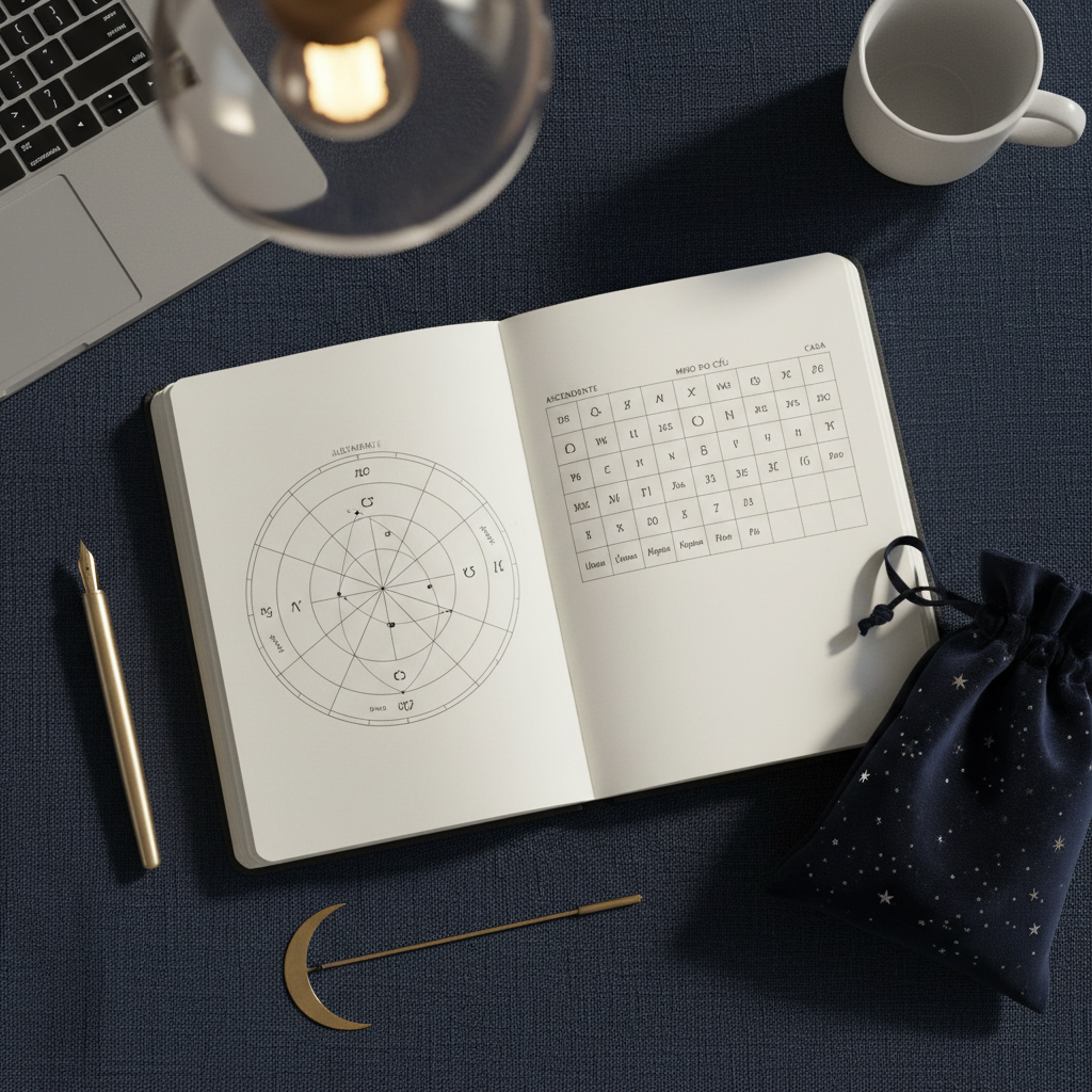 A refined flat-lay of an open astrology journal on a textured midnight-blue linen cloth, the pages displaying a detailed natal chart diagram and handwritten planetary glyphs, all in neat, minimalist style. Around it lie a brushed-gold fountain pen, a slim crescent-moon shaped brass bookmark, and a dark indigo velvet pouch with tiny star-like embroidery. Gentle warm pendant lighting from above creates soft highlights along the pen and bookmark, casting delicate shadows that enhance the textures. The background fades to a subtle blur of a laptop edge and a minimalist ceramic cup, reinforcing a modern Portuguese-language astrology workspace. Photographic realism, top-down composition, calm and sophisticated atmosphere, ideal for content about personalized astrology insights.