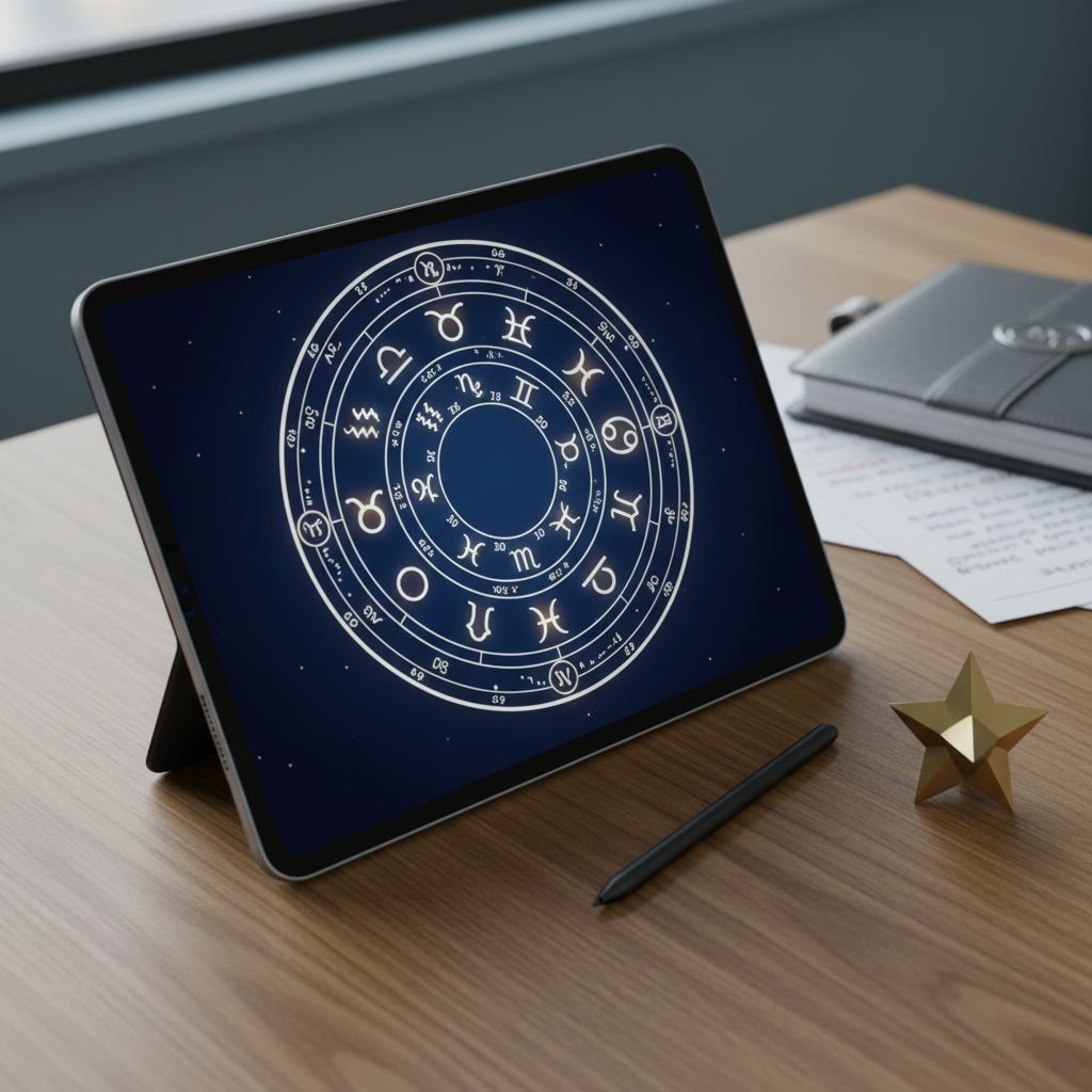 A detailed close-up of a high-end tablet displaying a luminous, deep-navy astrology chart interface, with concentric circles, zodiac symbols, and planetary positions glowing softly in silver and gold tones. The tablet rests on a smooth oak surface alongside a slim, matte-black stylus and a small geometric brass paperweight shaped like a star. Cool, diffused evening light from a nearby window mixes with the tablet’s subtle screen glow, creating a balanced, slightly futuristic ambiance. Background elements—blurred Portuguese text notes and an elegant planner—hint at careful astrological interpretation. Shot from a slightly elevated angle, shallow depth of field, emphasizing the screen and details. Photographic realism, polished and professional atmosphere, ideal for showcasing digital astrology consultations and tools.